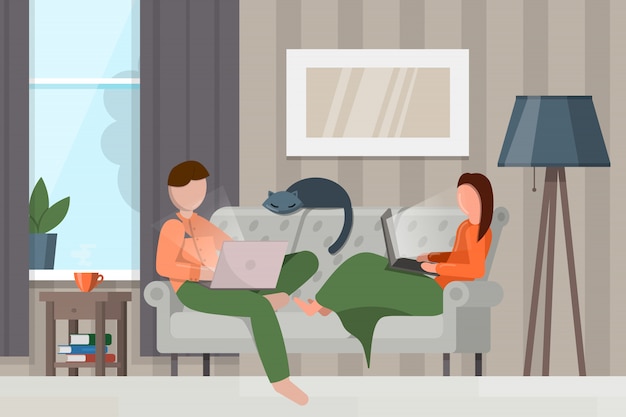 Vetor freelancer mulher e homem trabalhando on-line em casa. casal trabalhando com o laptop na sala de estar. ilustração conservada em estoque