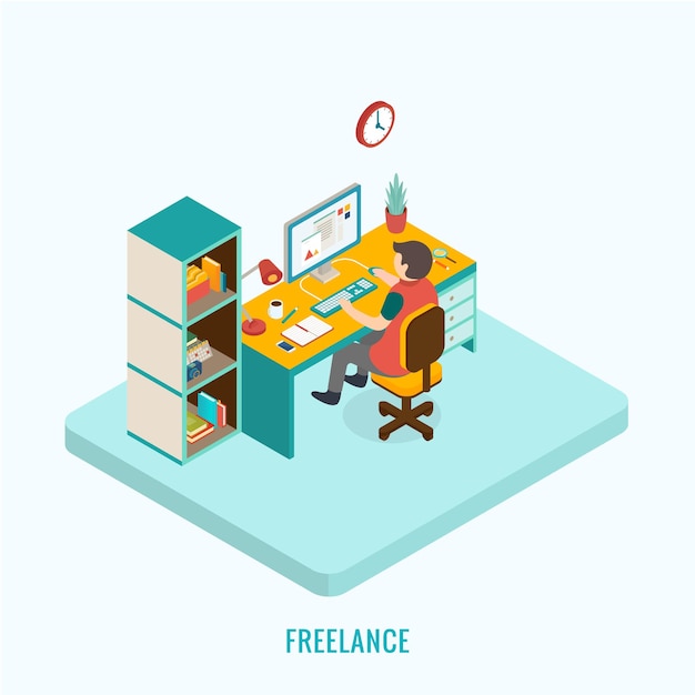 Freelancer no trabalho. conceito 3d isométrico, ilustração vetorial