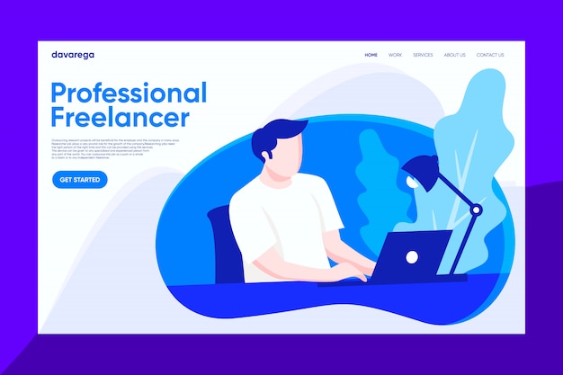 Freelancer profissional que trabalha no design de página de desembarque do laptop