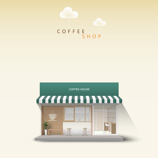 Vetor frente de café no exterior. loja detalhada. ilustração de café.