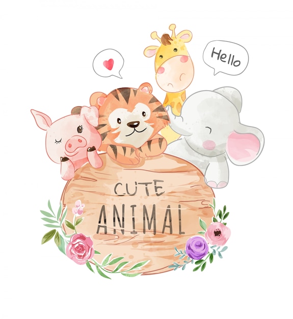 Vetor frienship de animais dos desenhos animados com ilustração de sinal de madeira