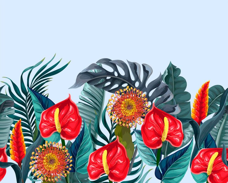 Vetor fronteira com antúrios e folhas tropicais vector