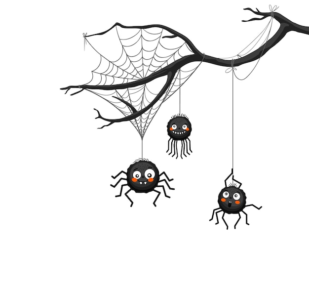 Vetor fronteira de aranha de halloween com galho de árvore e teia de aranha vector truque ou travessura monstros de noite de férias personagens de insetos de aranhas pretas fofas com rostos sorridentes engraçados pendurados em fios de teia de aranha