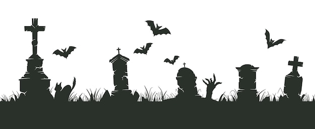 Vetor fronteira de silhueta de cemitério silhuetas assustadoras de cemitério de halloween decoração assustadora de halloween com árvores assustadoras e lápides ilustração vetorial plana