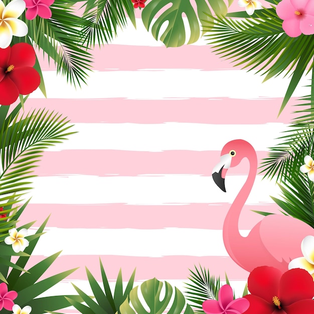 Vetor fronteira de verão e flores e folhas e flamingo