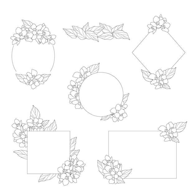 Vetor fronteira doodle com folhas de flores conjunto de molduras para desenhos de cartões de saudação de casamento estrutura retangular quadrada para texto ilustração vetorial desenhada à mão