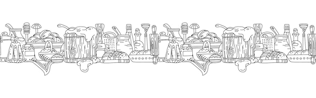 Fronteira horizontal sem costura com ingredientes e utensílios de cozinha para panificação caseira