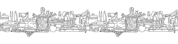 Fronteira horizontal sem costura com utensílios de cozinha e diferentes alimentos ilustração vetorial