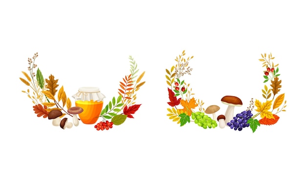 Fronteiras de outono com folhas de outono jarro de cogumelos de mel e bagas conjunto de elementos de decoração do Dia de Ação de Graças ilustração vetorial