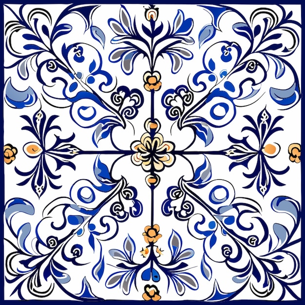 Vetor fronteiras flores sem costura mediterrâneo azul e branco sotaque azulejos temas azulejos arte de parede desenhada à mão