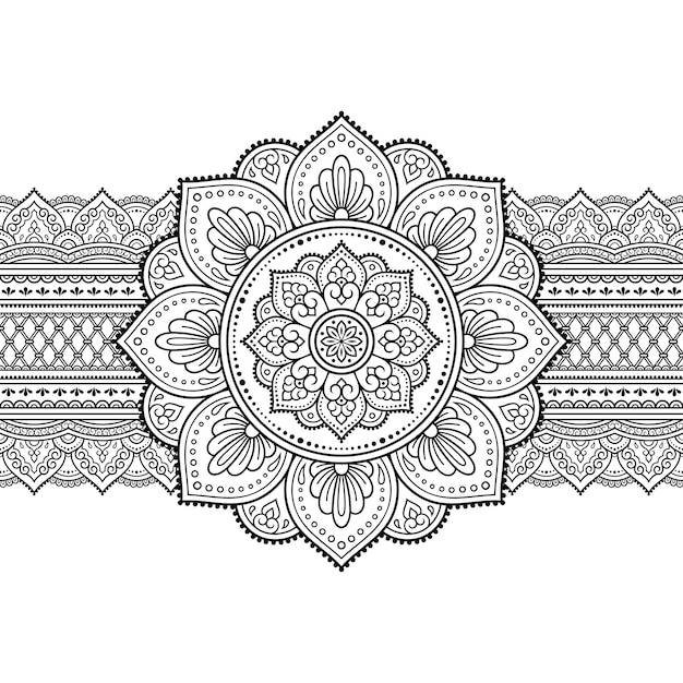 Fronteiras sem costura com mandala para aplicação de design de henna mehndi e tatuagem padrão decorativo em estilo étnico oriental indiano ornamento doodle ilustração vetorial de desenho de mão