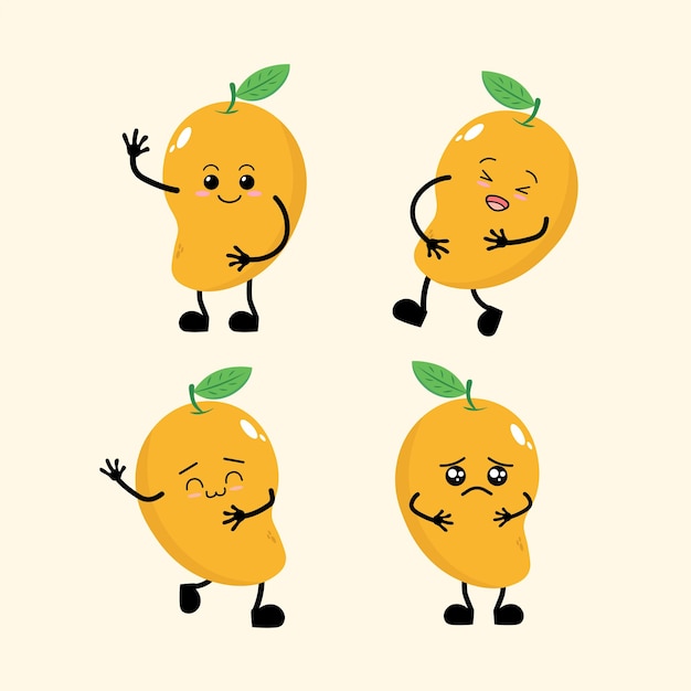 Fruit Cute Cartoon Mango com Emoções Diferentes