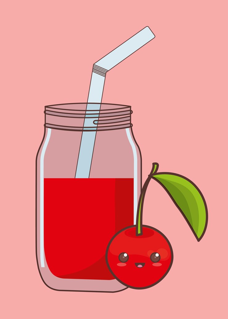 Vetor fruta cereja kawaii e copo de suco