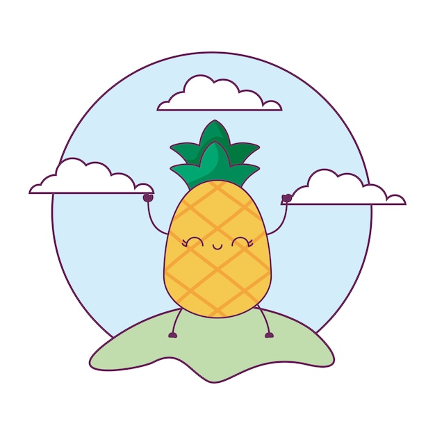 Fruta de abacaxi kawaii na paisagem