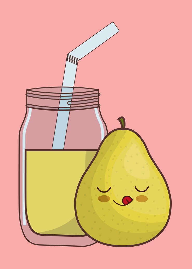 Vetor fruta de pêra kawaii e copo de suco