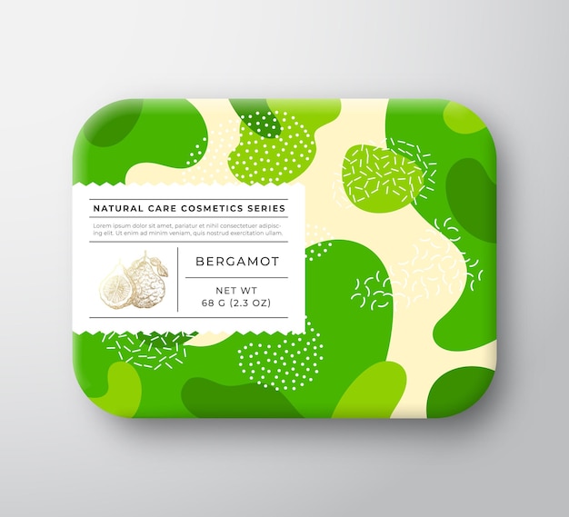 Vetor frutas banho cosméticos caixa vector recipiente de papel embrulhado com cuidado rótulo tampa design de embalagem tipografia moderna e mão desenhada bergamota abstrato camo fundo padrão layout isolado