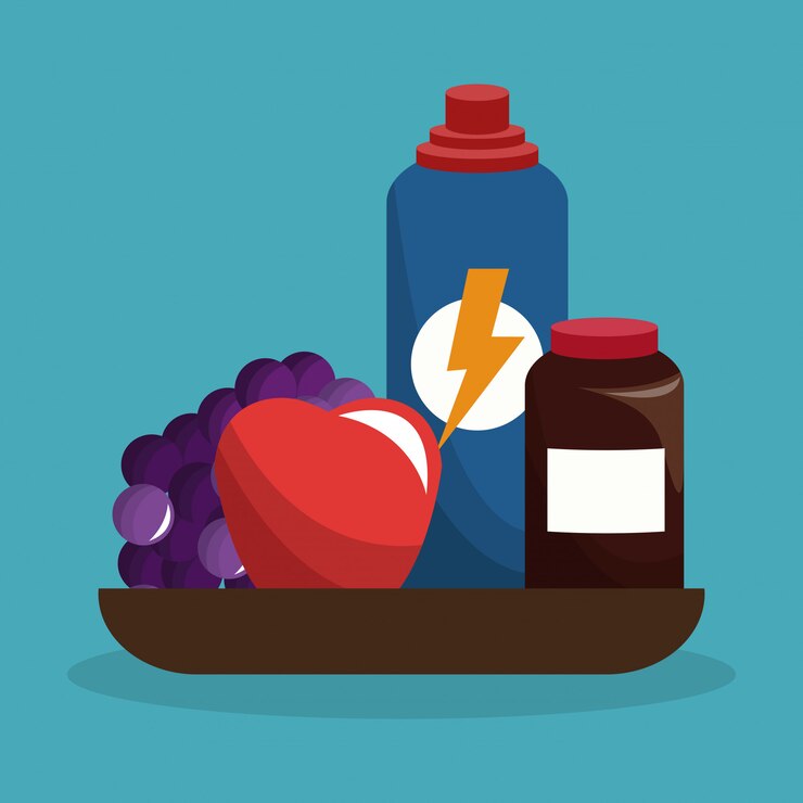 Vetor frutas com termo e pílulas