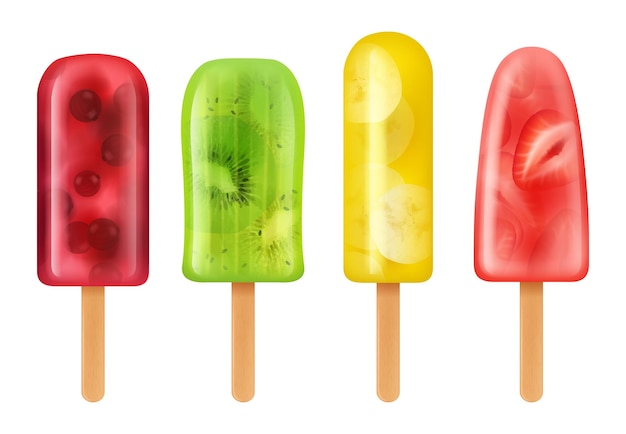 Frutas congeladas Delicioso sorvete sorbet em bagas kiwi sucos de banana de gelo ilustrações realistas vetoriais decentes