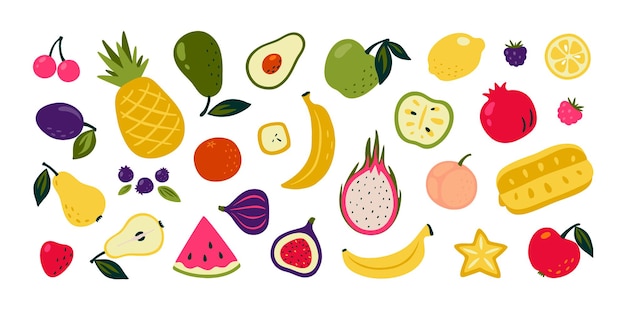 Frutas de desenho animado. Bagas de verão Doodle, limão, melancia e laranja, produto orgânico vegetariano de jardim. Coleção fofa exótica deliciosa para papel de embrulho, têxteis, talheres. Conjunto tropical isolado de vetor