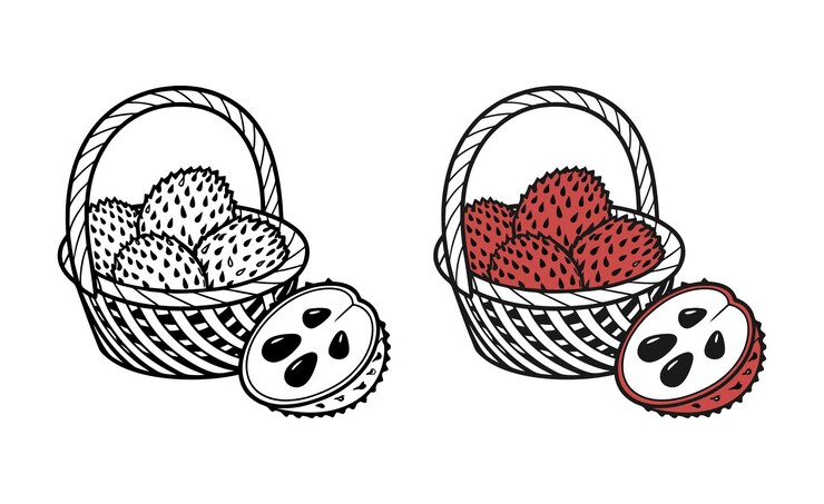 Vetor frutas de guisante em uma cesta com uma ilustração de frutas cortadas