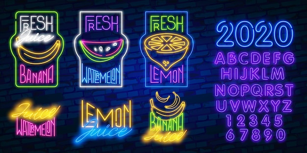 Frutas definir luz de neon e alfabeto