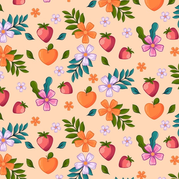 Frutas desenhadas à mão e design de padrão floral