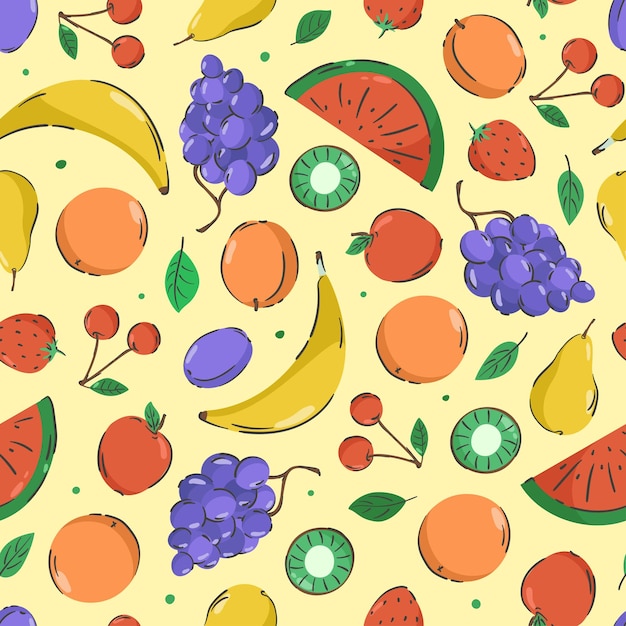 Frutas desenhadas à mão padrão sem costura Ilustração vetorial Frutas coloridas e minimalistas em fundo amarelo