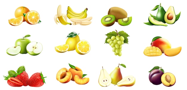 Frutas doces. Banana, laranja, kiwi, abacate, maçã, limão, uvas, manga, morango, pêssego, pêra e ameixa, isolados em um fundo branco. Conjunto de ícones do vetor 3D. Ilustrações realistas