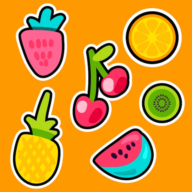 Frutas doodle conjunto de adesivos de cores. coleção de patches de abacaxi, melancia, kiwi, laranja e cereja