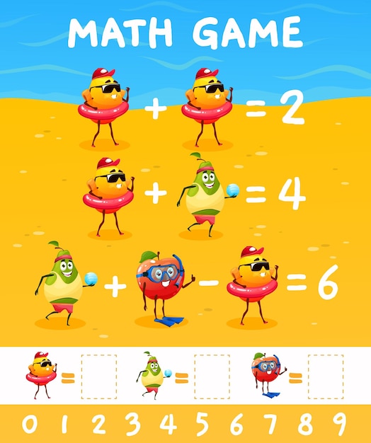 Vetor frutas dos desenhos animados nas férias de verão quiz do jogo de matemática