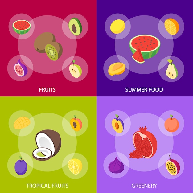 Vetor frutas e bagas 3d banner conjunto vista isométrica inteira e fatias cruas frutas maduras vetor ilustração de ícone