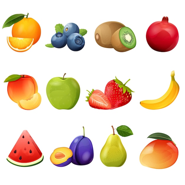 Frutas e bagas, conjunto de ícones coloridos. Ilustração em vetor realista