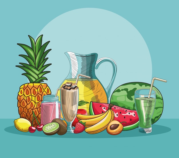 frutas e bebidas desenhadas à mão