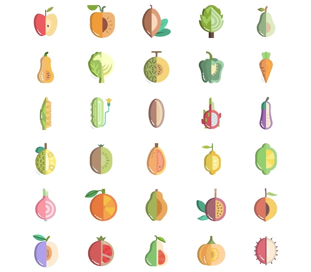 Frutas e legumes, conjunto de ícones fatiados
