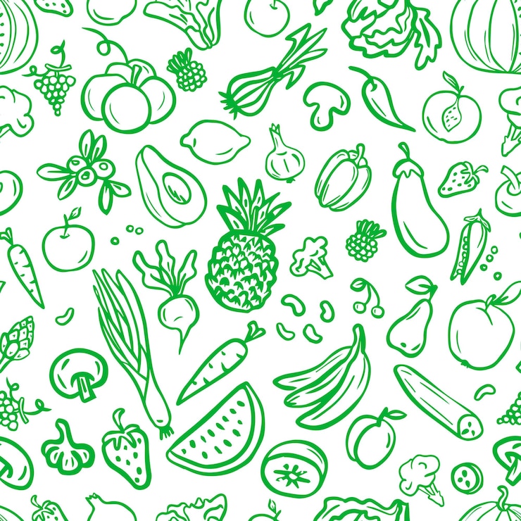 Frutas e legumes sem costura padrão em doodle. Desenho vetorial de frutas e legumes.