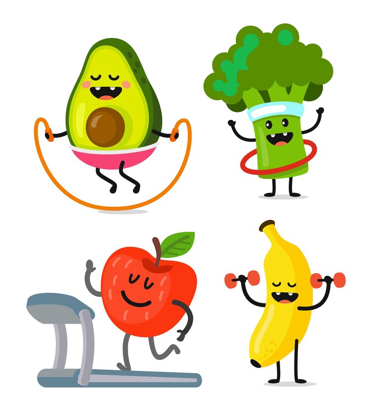 Vetor frutas e vegetais divertidos e fofos fazem esporte