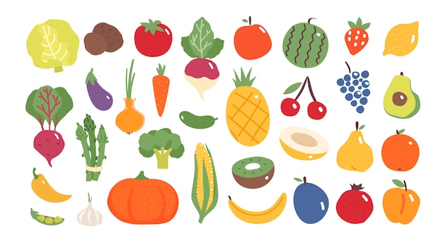 Frutas e vegetais em design plano