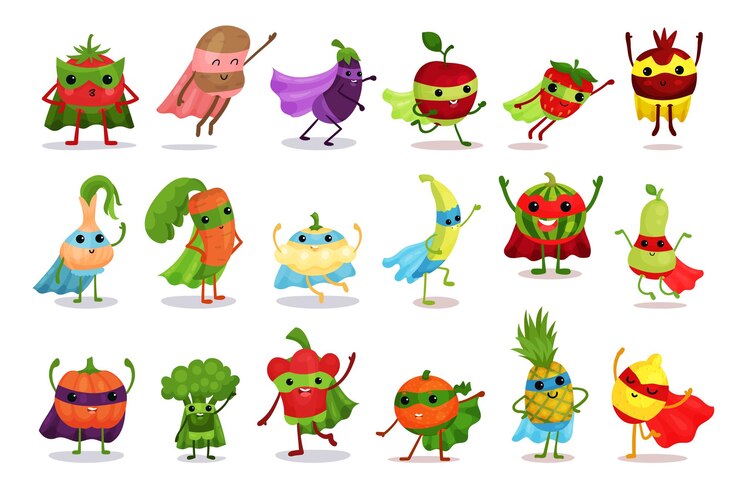 Vetor frutas e vegetais engraçados usando capa de super-herói set de ilustrações vetoriais