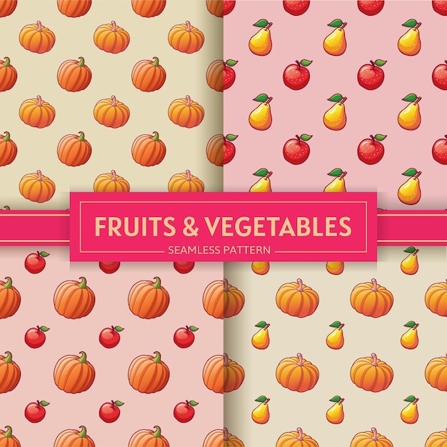 Frutas e vegetais. padrões sem emenda com ilustrações de abóboras, maçãs e peras.