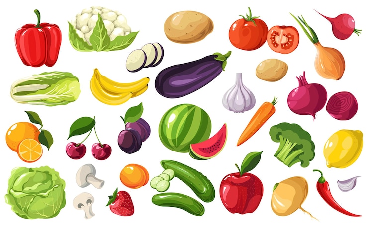 Vetor frutas e vegetais produtos sazonais, vegetais colhidos. beterrabas e cebolas, repolho e pimentão, pepino e berinjela ou berinjela. brócolis e banana, vetor de cerejas em estilo simples