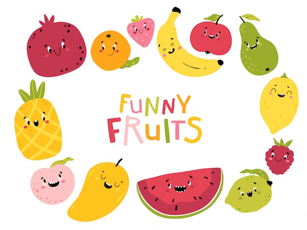 Frutas engraçadas. coleção de desenhos animados de personagens kawaii. rostos bonitos de comida. ilustrações infantis coloridas para seu projeto. isolado em um fundo branco