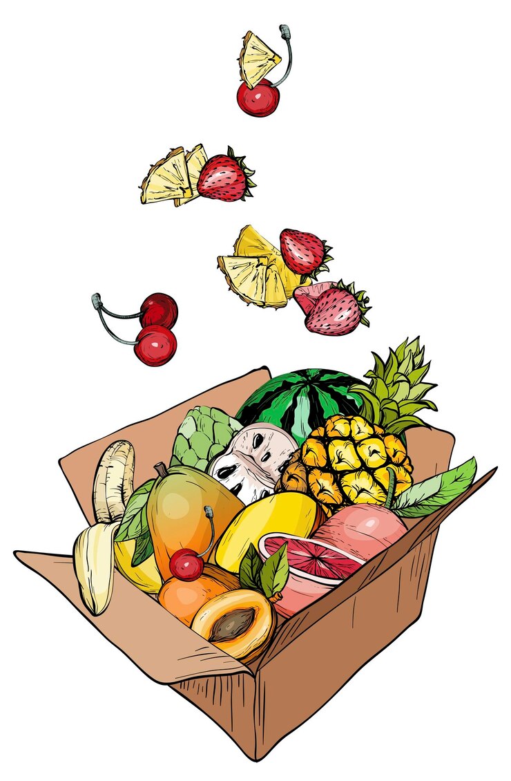 Vetor frutas exóticas frescas em caixa de papelão