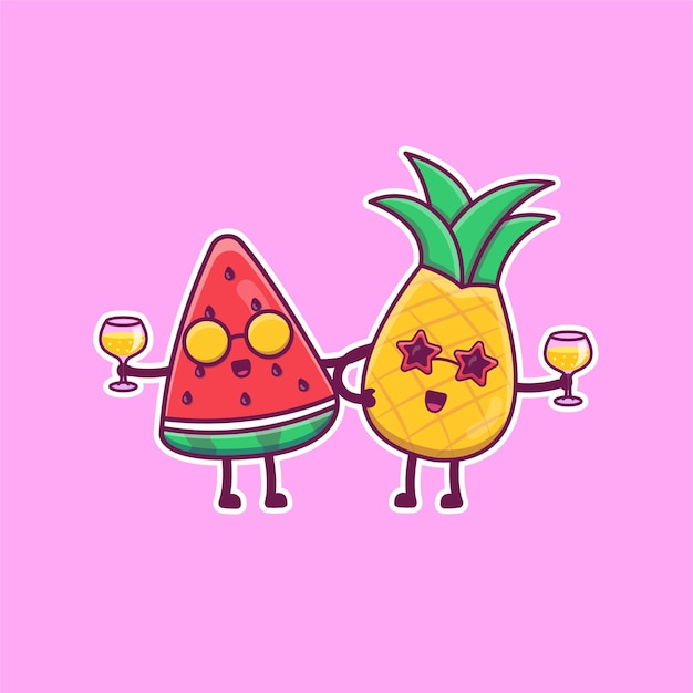 Frutas fofas de desenho animado com coquetéis na ilustração de verão vetor de comida isolada estilo de desenho animado plano