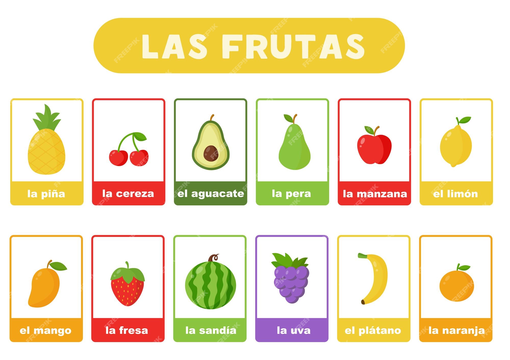 Frutas espanholas palavras livro de colorir para crianças, banana, maçã,  pêra, desenho, educação precoce, espanhol