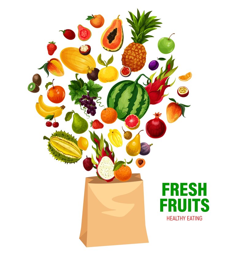 Vetor frutas frescas alimentação saudável na sacola de compras.