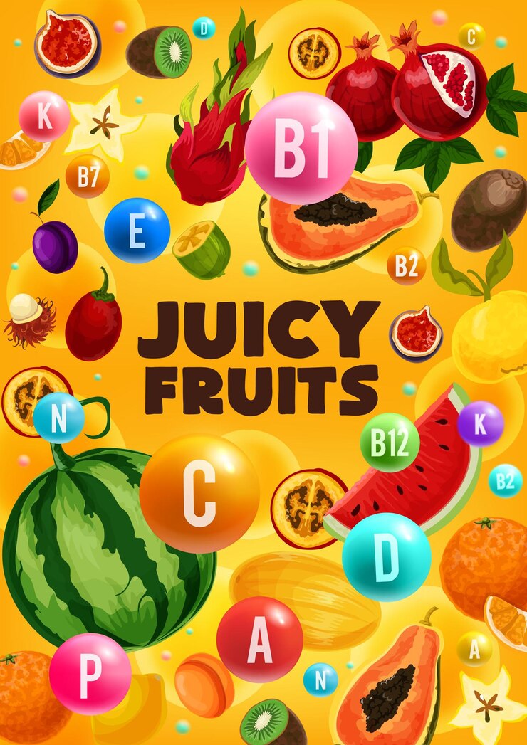 Vetor frutas suculentas maduras com pílulas de vitamina