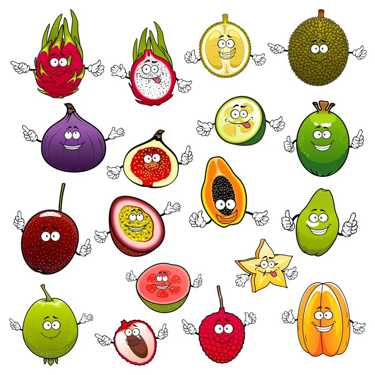 Vetor frutas tropicais com rostos sorridentes e felizes