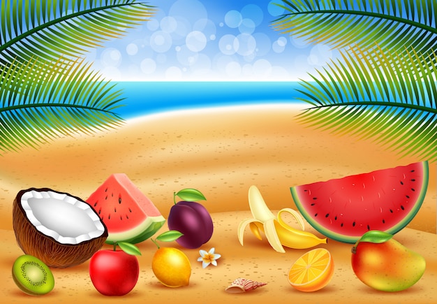 Vetor frutas tropicais na praia à beira-mar para a temporada de verão
