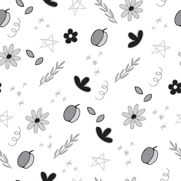 Frutas vetoriais, flores, estrelas e elementos decorativos padrão preto e branco sem costura
