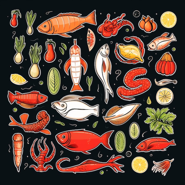 Vetor frutos do mar peixe ilustração comida vetor oceano mar menu camarão caranguejo design conjunto de restaurante